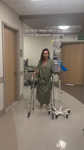 my first steps after my reverse ileostomy a week and a half ago. 🥹🙏💖 I couldn’t even get out of bed the first day and a half- they cut into my abdominal wall so my muscles couldn’t activate like they normally do when it comes to sitting in bed, walking down the hall, etc. and it was painful trying to move around- but I was so determined!! these first few steps- being DONE with major surgery and a year and a half of cancer treatment. they felt so good 🥹🙏 #cancerfree #cancer #reverseileostomy