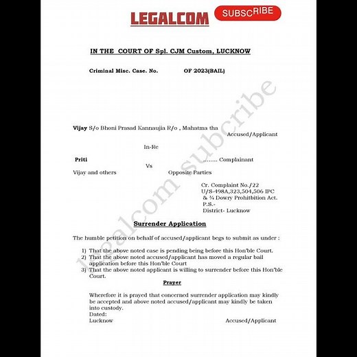 Bail application u/s 437 Crpc with Surrender Application full format #shorts #legalcom #advocate