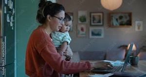 Laptop, remote work or night with a mother and baby in their home for overtime multitasking. Computer, family and singe parent working in the kitchen with her infant child as a business person