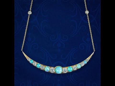 Antique Victorian Opal Diamond Necklace Crescent Moon 18ct Gold With Box