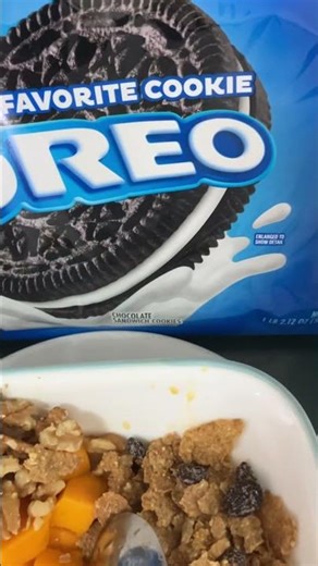 Raisin Bran Toasted Whole Grain Cereal, Mango, Walnuts and milk. “No Sugar Added” Natural Sweetener.