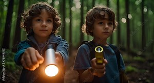 Children in the forest with a flashlight.