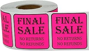 Final Sale Sticker Labels - No Returns and No Refunds Sales Sticker for Garage Sales, Discount Stores, Thrift Shops, Retail, Clearance - 300 Count Pink Square Labels - 1.5 x 1.5 Inch Stickers