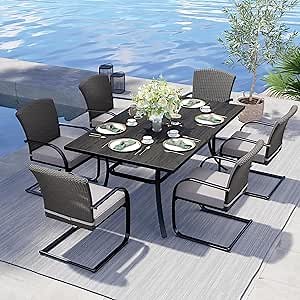Grand patio Outdoor Dining Table Set of 7, Modern Woodgrain-Look Table with Umbrellas Holes&C-Spring Motion Wicker Chairs for 6, Patio Furniture for Garden (Grey, Rectangular)
