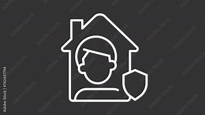 Quarantine line animation. Animated house and shield white icon. Home safety. Property insurance. Public health. Isolated illustration on dark background. Transition alpha video. Motion graphic