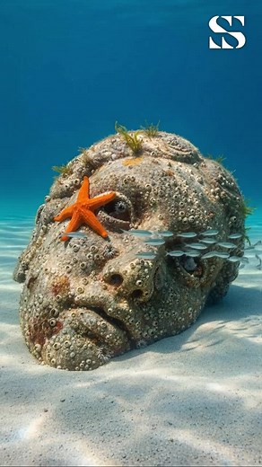 Broken face made of sand lies underwater, shaped by time and tide, resembling the Statue of Liberty. Nature’s art or ancient secret, it’s hauntingly beautiful. #OceanMystery #UnderwaterDiscovery #LostHistory #DeepSeaFinds #MarineSecrets | Sea secret