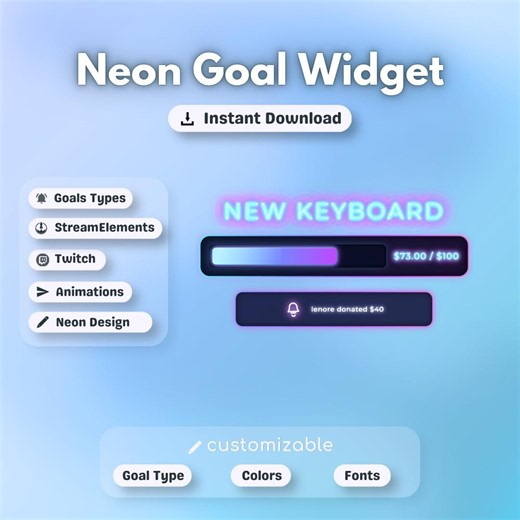 Neon Twitch Goal Widget Overlay Streamelements OBS Streamlabs Donation Sub Follower Goal Bar - Etsy