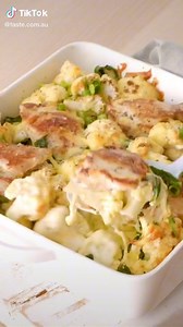 Creamy chicken dinners will always have our heart. Full recipe: https://www.taste.com.au/recipes/creamy-chicken-bacon-cauliflower-bake-recipe/k5cbt2ej | Taste.com.au