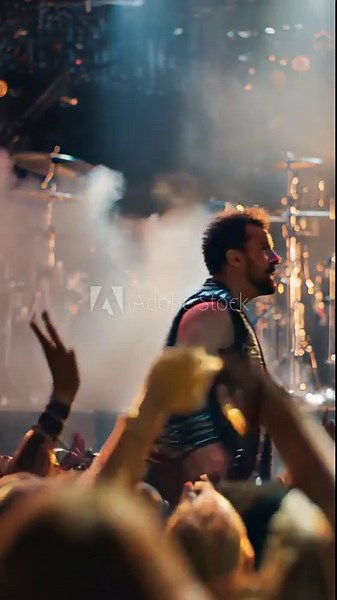 Enthusiastic crowd at heavy metal punk rock concert cheering to loud rock music while band is performing on stage