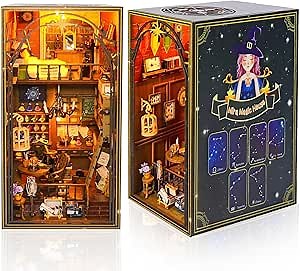 Book Nook Kit - DIY Miniature Book Nook Kits for Adults, and Teens with LED Light, Miniature Dollhouse Booknook Library Gifts for Friends, Family, Bookshelf Decor, etc. (Magic House)