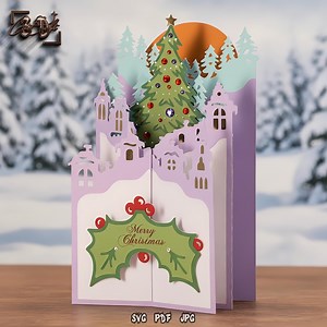 Christmas Cascade Card SVG | 3D Pop up Holiday Card Template | Layered Christmas Village Greeting Card for Cricut & Silhouette - Etsy