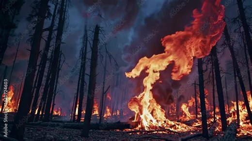 Forest fire with massive explosion of flames rises among trees, dramatic natural disaster, symbolizes danger, crisis, apocalypse, climate change and environmental devastation