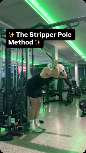 Zac Schofield | Online + F2F Coach on Instagram: "One you progress the overhead Tricep extension enough you will ge to the point that you are unable to progress due to the stability concerns of the movement. In comes ✨ The Stripper Pole Method ✨ Put your ass into the pole and lean forward, this stabilise you and mean that you don’t have to focus on balancing through the movement and can just focus on progressing and pushing more weight"