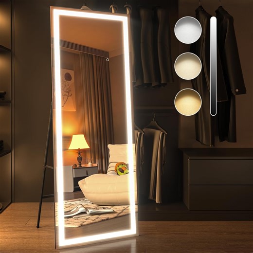 Swafrrt 63x24 Inch Rectangle LED Full Length Mirror, Black Frame Lighted Floor Standing Mirror with Dimmable & 3 Color Lighting for Bedroom Cloakroom, Wall Mounted Floor Mirror