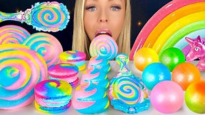 ASMR UNICORN POOP COOKIES, MERINGUE LOLLIPOPS, VINTAGE HAND MIRROR, JELLY NOODLES MUKBANG YouTube channel: https://www.youtube.com/watch?v=K_Q5-UocHdE What is ASMR and why am I whispering? ASMR (autonomous sensory meridian response) is a relaxing, often sedative sensation that begins on the scalp and moves down the body. Also known as "brain tingles," or "brain massage" and is triggered by placid sights and sounds such as whispers, accents, crackles, eating sounds, etc to help people sleep or fe