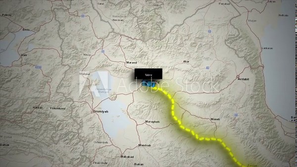 Animated Map Route from Tehran to Tabriz Iran with Car Icon on World Map
