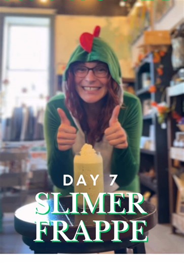 Day 7 out of our 10 day spooky seasonal! 🥚 Slimer Frappe 🥚 A Matcha Frappe with White Mocha 💚