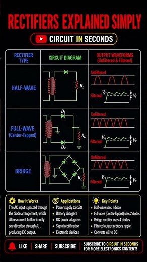 Rectifiers Explained Simply | Half-Wave vs Full-Wave vs Bridge Rectifier ⚡ #electronic #engineering