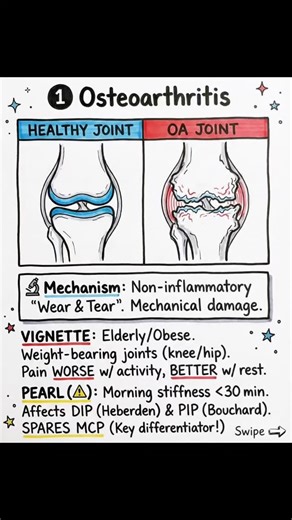 @medical_nursinginfo on Instagram: "6 TYPES OF ARTHRITIS... 1️⃣ Osteoarthritis 💡 Cartilage wears down. Mechanical, not inflammatory. Weight-bearing joints. Classic presentation: They’ll give you elderly/obese patient, knee or hip pain WORSE with activity, BETTER with rest. Morning stiffness 1 hour. Improves with use. ⚠️ Spares DIP - that’s OA. Swan neck, boutonniere deformities. 🏥 Tx: Methotrexate first-line. TNF inhibitors. 3️⃣ Gout 🔬 Crystal—urate 💡 Needle-shaped, NEGATIVELY birefringent (