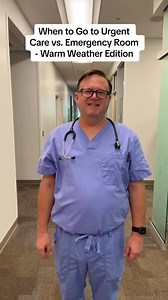 Urgent care vs. emergency room - warm weather edition. Find out where you should go to seek help. #NationwideKids #UrgentCare #EmergencyRoom #Summer #SummerSafety Video description: Emergency medicine doctor in blue scrubs dancing in a hallway and exiting left off the screen if the symptom warrants care at urgent care and exiting right off the screen if the symptom warrants care at the emergency room. Severe sunburn - emergency room Heat exhaustion - emergency room Allergic reaction to bug bites