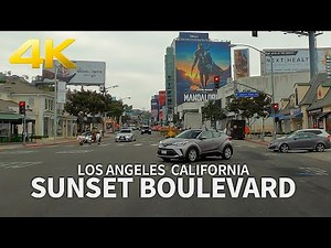 Driving on Sunset Boulevard from Pacific Palisade to Hollywood, Los Angeles, California, USA, 4K UHD