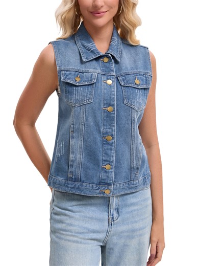 INSPIRE CHIC Women's Denim Vest Button Down Sleeveless Washed Jean Jacket with Pockets Blue XL