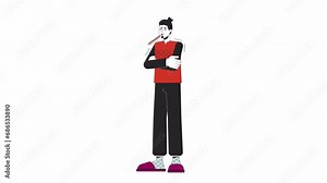High temperature sick line cartoon animation. Chills symptom 4K video motion graphic. Caucasian fever man keeping thermometer in mouth 2D linear animated character isolated on white background Stock Video