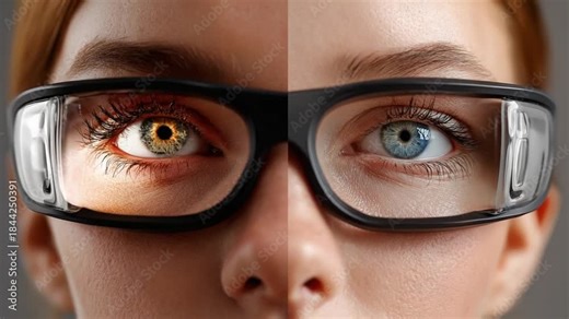 Vision Comparison: A striking split-image of a person showcasing the remarkable difference between eyes behind different lens.