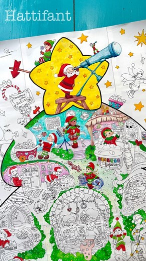 I seriously cannot believe everything I drew in this Giant Christmas Tree Coloring Poster - the “Elf Factory”! Quite a few years have passed now and I have had a closer look again and wow it is Christmas paradise: bugs as cookie cutters, a teddy build station, of course a toy tester department, wrapping up presents, a nursery for all the teensy tiny elves to be so that elf parents can focus on their most important work. Let me show you in this little video just a little bit of what you get to co