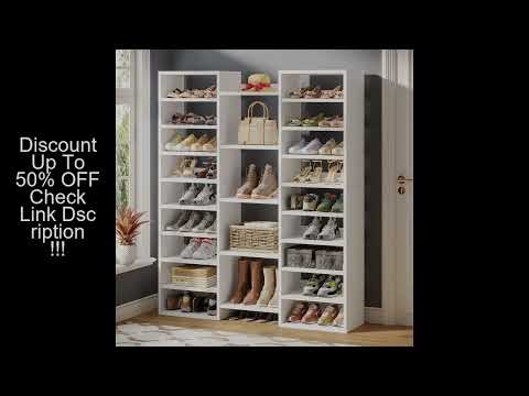 Tribesigns 14-Tier Shoe Rack, Freestanding Tall Shoe Shelf, White Wooden Shoe Storage Cabinet with 2