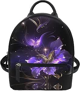 School Backpack Girls Fashion College Backpack Purse Casual Daily Use Mini Backpack with PU Leather for Travel,Purple Flowers Golden Butterfly