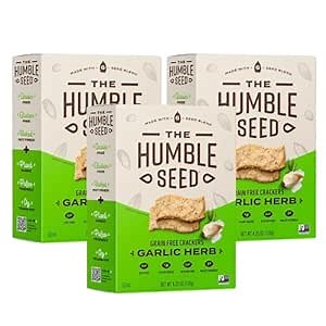 The Humble Seed Grain Free Crackers | Garlic Herb, 4.25 oz per box, Pack of 3 | Gluten Free, Nut Free, Non-GMO, Low Carb and Vegan | 6-Seeds – Sunflower, Flax, Chia, Pumpkin, Hemp and Sesame