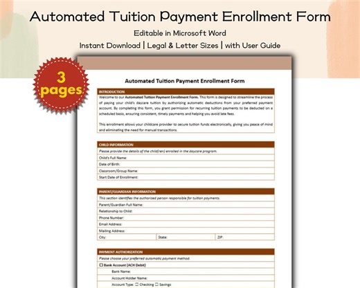 Daycare Automated Tuition Payment Enrollment Form Editable and Printable Template, Preschool, Childcare Professionals, School Administrators - Etsy