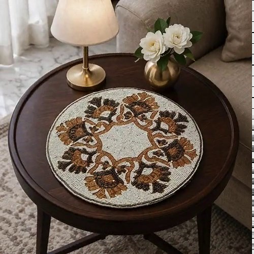 Round Beaded Placemat | Neutral Floral Glass Bead Table Mat (14 Inch) - Etsy