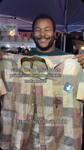 Mola mola print on a patchwork button down 🐟 Lessons learned from @thickthriftla on my live block printing! 👯 An assistant/helper is necessary to help take care of purchases while I’m doing the print 🫟 I need way more ink than I think 📸 Adjustments will be made to my camera set up to get a better view of the printing action #blockprint #secondhand #fleamarket #market #flea #vending #vendor #secondhandfashion #fashion #secondhandclothes #vintage #blockprinting #printing #handcarved #molamola 