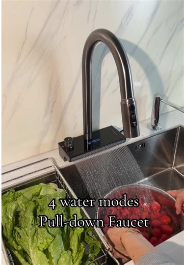 5 functions in 1 faucet! This stainless steel pull down kitchen faucet come with 4 water modes from soft to high pressure sprayer, also includes temperature and time display. It has everything you need. Comment or DM for more info if you are interested. #homeimprovement #kitchenupgrade #faucet #moderndesign #kitchen