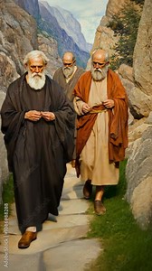 Elderly men in long robes walk along a rock path nestled within a rugged mountain landscape