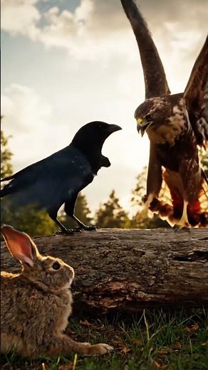 Crow fights hawk to save baby rabbit