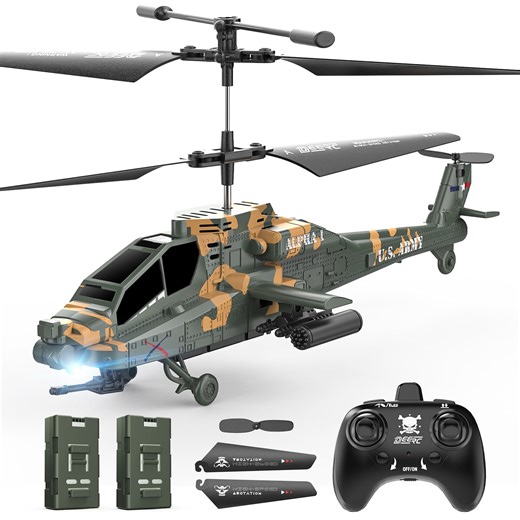 DEERC RC Helicopter for Adults, Apache Remote Control Helicopter for Kids 8-12, Toy Helicopters RC with LED Lights, 2 Batteries, Altitude Hold, 2.4GHz Military Style for Indoor, Ideal for Birthday