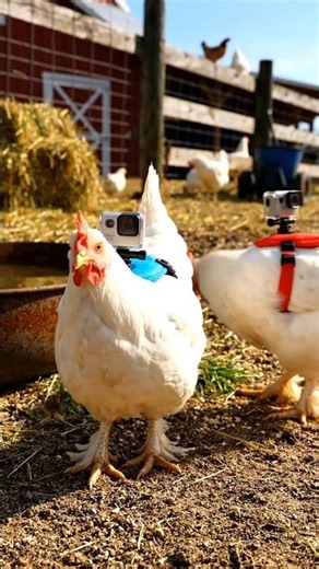 My chicken got a backpack camera. roster got no chill 🤣 #chicken #farming
