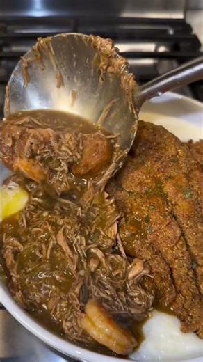 Who Thought Gumbo + Grits Was A Good Idea?! 😭🔥 #gumbo #seafoodgumbo #friedcatfish #grits #shrimp