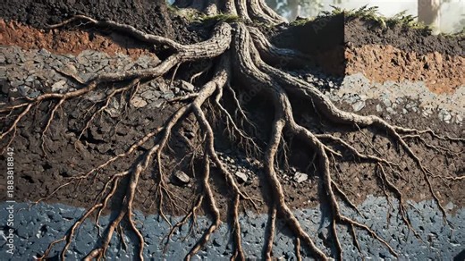Tree root soil underground nature cross section earth geology growth environment forest detailed tree root system spreading through multiple soil layers, showing underground structure, natural