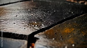 Water droplets falling onto stone paving creating ripples on a damp outdoor surface.