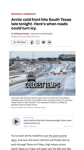 Extreme cold and icy roads are possible in San Antonio, a Hill Country woman is accused of setting fire to GOP headquarters and Trump's temporary Air Force One with Texas ties could be ready by summer — in a minute. Visit our website to read these stories and more local news. | San Antonio Express-News