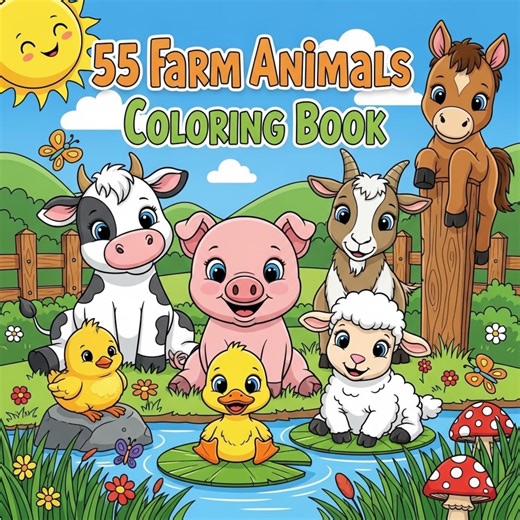 55 Farm Animals Coloring Pages for Kids | Cute Farm Animal Coloring Book | Printable Barnyard Coloring Sheets |  Preschool Activity