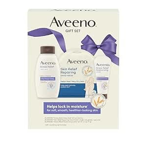 Aveeno Stress Relief Gift Set, Skincare Set for Sensitive Skin with Soothing Body Wash & Moisturizing Body Lotion, plus, Skin Relief Repairing Hand Masks for Very Dry Skin, 3 Items