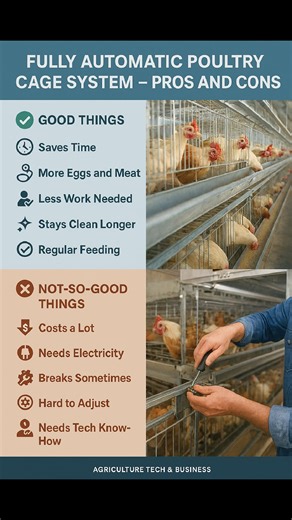 FULLY AUTOMATIC POULTRY CAGE SYSTEM – PROS AND CONS ✅ GOOD THINGS 1. Saves Time – No need to feed birds by hand. 2. More Eggs and Meat – Helps raise more chickens easily. 3. Less Work Needed – Fewer people needed to run the farm. 4. Stays Clean Longer – Metal cages don’t rust and are easy to wash. 5. Regular Feeding – Birds get food on time, every time. ❌ NOT-SO-GOOD THINGS 1. Costs a Lot – Buying and setting it up is expensive. 2. Needs Electricity – Won’t work well without power. 3. Breaks Som