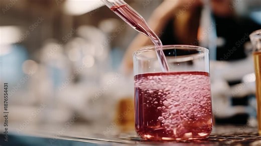 Laboratory nutrition test with emphasis on chemical interaction, transparent fluid mixing into a pink liquid, effervescence captured in sharp detail, modern clinical lab setting wi