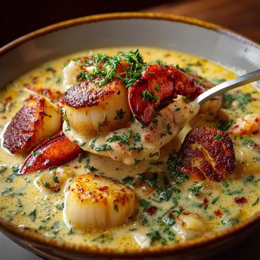 Creamy chowder with lobster 😍 , scallops and potatoes , finished with dill and a touch of lemon. | Tasty & Easy Recipes