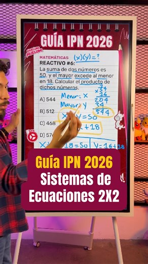 Matemáticas con Toxqui on Instagram: "Aprende a resolver problemas clásicos de álgebra 📊 Aquí analizamos cómo plantear correctamente un problema donde la suma y la diferencia de dos números están dadas, y cómo llegar al producto sin perderte en el proceso. Ideal para reforzar razonamiento algebraico rumbo a la UNAM 🧠🎓 #guiaipn #examenipn #profetoxqui #unibetas #sistemasdeecuaciones"